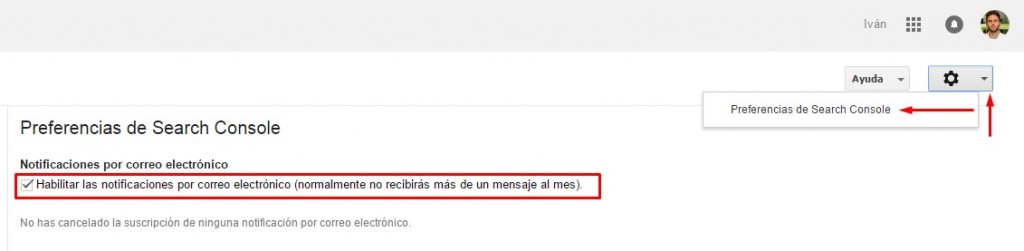 Notificaciones por correo electrónico Habilitar Notificaciones por correo electrónico en Google Search Console