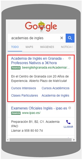 Expanded Text Ads - Ejemplo de anuncio expandido visualizado en las SERP móviles Expanded Text Ads - Ejemplo de anuncio expandido visualizado en las SERP móviles