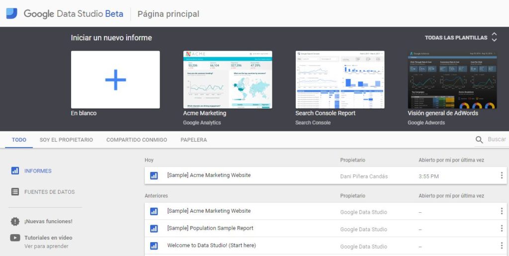 Interfaz Google Data Studio - Pantalla Inicial Interfaz Google Data Studio - Pantalla Inicial